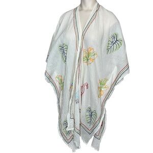 SOFT SURROUNDINGS OS Ivory Kimono Multicolor Tropical Theme Embroidery Gauzy